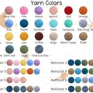 Puede incluir: Una carta de colores titulada Yarn Colors que muestra varios ovillos de lana en tonos s&oacute;lidos como rosa, azul, verde, amarillo y marr&oacute;n, junto a ocho conjuntos multicolores etiquetados. El gr&aacute;fico incluye motivos celestiales.