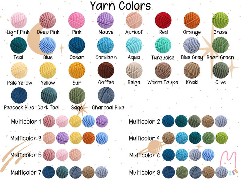 Puede incluir: Una carta de colores titulada Yarn Colors que muestra varios ovillos de lana en tonos s&oacute;lidos como rosa, azul, verde, amarillo y marr&oacute;n, junto a ocho conjuntos multicolores etiquetados. El gr&aacute;fico incluye motivos celestiales.