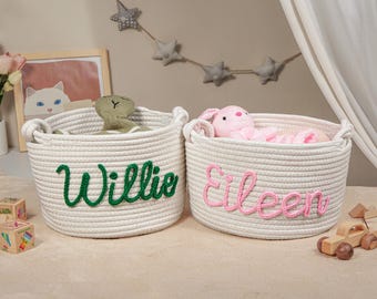 Gepersonaliseerde babyshower cadeaumand, handgemaakte katoenen touw babycadeaumand, aangepaste babymand, speelgoedmand, cadeau pasgeborene, cadeau babynaam