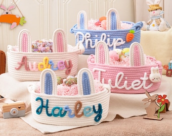 Canasta de Pascua personalizada hecha a mano, canasta de conejito con nombre, canasta de búsqueda de huevos de Pascua, cubo de búsqueda de huevos de primavera, regalo de Pascua para niños
