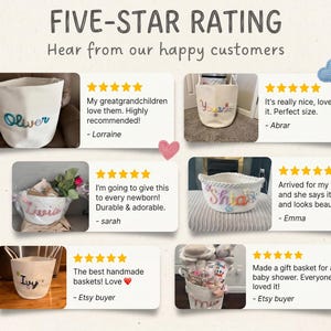 Puede incluir: Una colecci&oacute;n de seis rese&ntilde;as de clientes con valoraciones de cinco estrellas y fotos de cestas de almacenamiento de tela blanca personalizadas. Cada cesta muestra un nombre bordado en hilo de colores. El texto dice FIVE-STAR RATING.