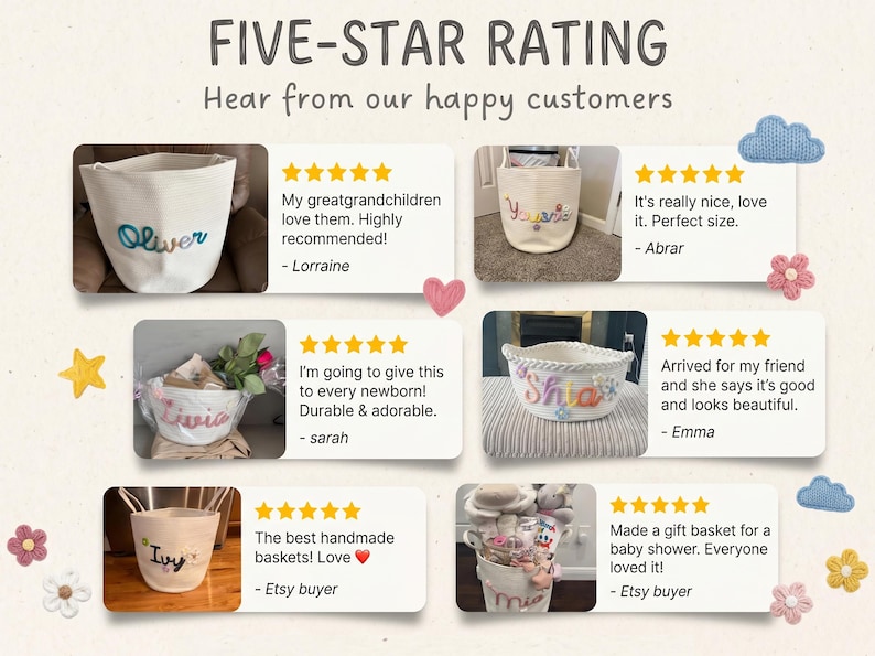 Puede incluir: Una colecci&oacute;n de seis rese&ntilde;as de clientes con valoraciones de cinco estrellas y fotos de cestas de almacenamiento de tela blanca personalizadas. Cada cesta muestra un nombre bordado en hilo de colores. El texto dice FIVE-STAR RATING.