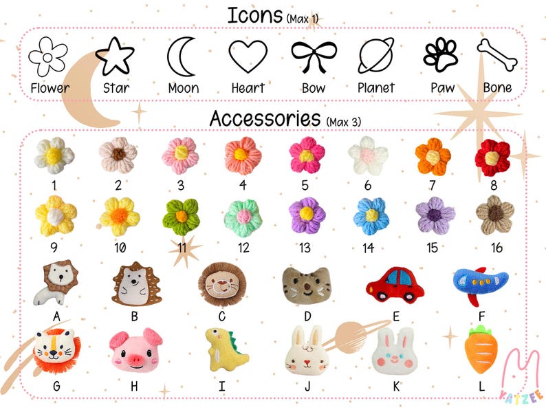 Puede incluir: Un gr&aacute;fico que muestra varios accesorios de felpa peque&ntilde;os e iconos. La secci&oacute;n superior muestra iconos de arte lineal negro que incluyen una flor, estrella, luna, coraz&oacute;n, lazo, planeta, pata y hueso. Debajo hay filas de flores y animales.