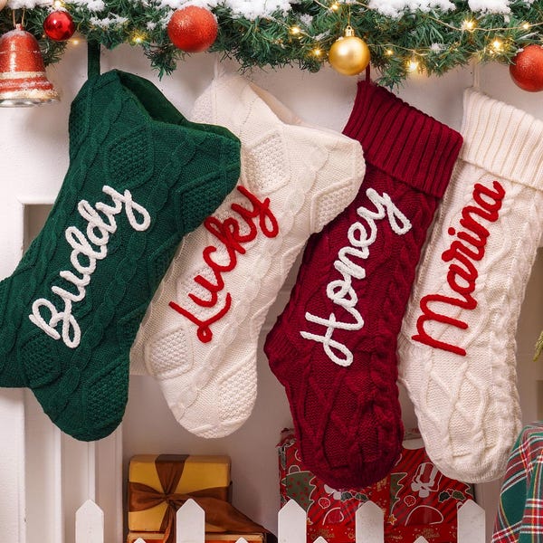 Personalized Christmas Stockings, 2026 Knitted Family Stockings with Name, Pet Dog Stocking, Holiday Decor