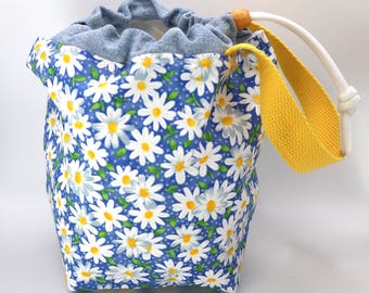 Knitting Project Bag – Daisy Fabric - Small Yarn Bag, WIP Storage