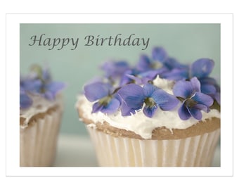 Cupcake Birthday Card, Blank Photo Card, Violet Flower Card