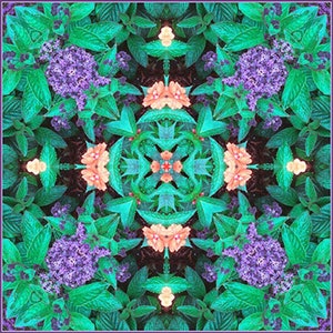 Pu&ograve; includere: Un'immagine di caleidoscopio simmetrica con uno sfondo verde vibrante e fiori viola e arancioni. L'immagine &egrave; creata usando un motivo ripetitivo di foglie e fiori.