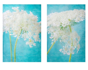 Queen Anne's Lace Print Set of 2, Flower Photograph Diptych, White Turquoise