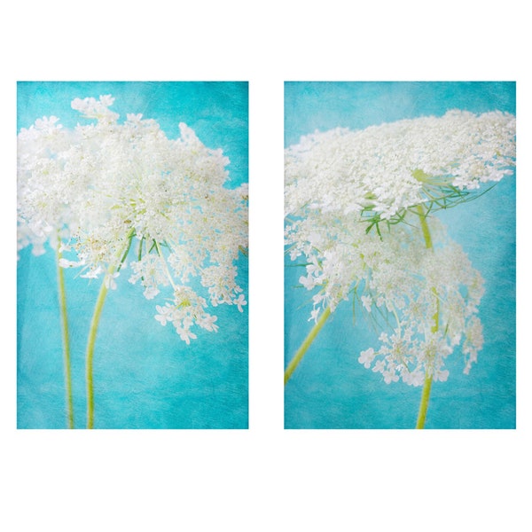 Queen Anne's Lace Print Set of 2, Flower Photograph Diptych, White Turquoise Bright Wall Art, Colorful Living Room Wall Decor