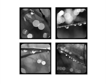 Abstract Art Print Set of 4, Modern Gallery Wall Set, Black and White Photograph, Rain Drops Picture