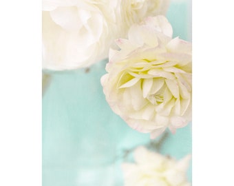 Ranunculus Flower Photograph Print, Soft Yellow Still Life on Turquoise