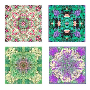 Pu&ograve; includere: Quattro immagini quadrate di motivi floreali con un effetto caleidoscopico. Ogni immagine presenta uno schema di colori e una disposizione floreale diversi. L'immagine in alto a sinistra &egrave; rosa e verde, l'immagine in alto a destra &egrave; viola e verde, l'immagine in basso a sinistra &egrave; verde e bianca, e l'immagine in basso a destra &egrave; viola e gialla.