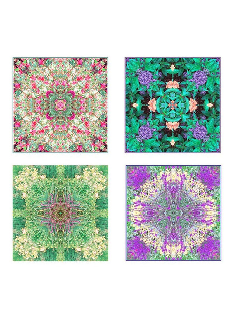 Pu&ograve; includere: Quattro immagini quadrate di motivi floreali con un effetto caleidoscopico. Ogni immagine presenta uno schema di colori e una disposizione floreale diversi. L'immagine in alto a sinistra &egrave; rosa e verde, l'immagine in alto a destra &egrave; viola e verde, l'immagine in basso a sinistra &egrave; verde e bianca, e l'immagine in basso a destra &egrave; viola e gialla.