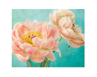 Peony Floral Art Print, Coral Turquoise Wall Decor, Vibrant Flower Photograph