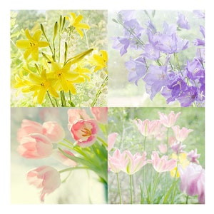 May include: A collage of four floral images. The top left image shows a bouquet of yellow lilies. The top right image shows a bouquet of purple bellflowers. The bottom left image shows a bouquet of pink tulips. The bottom right image shows a field of pink tulips.