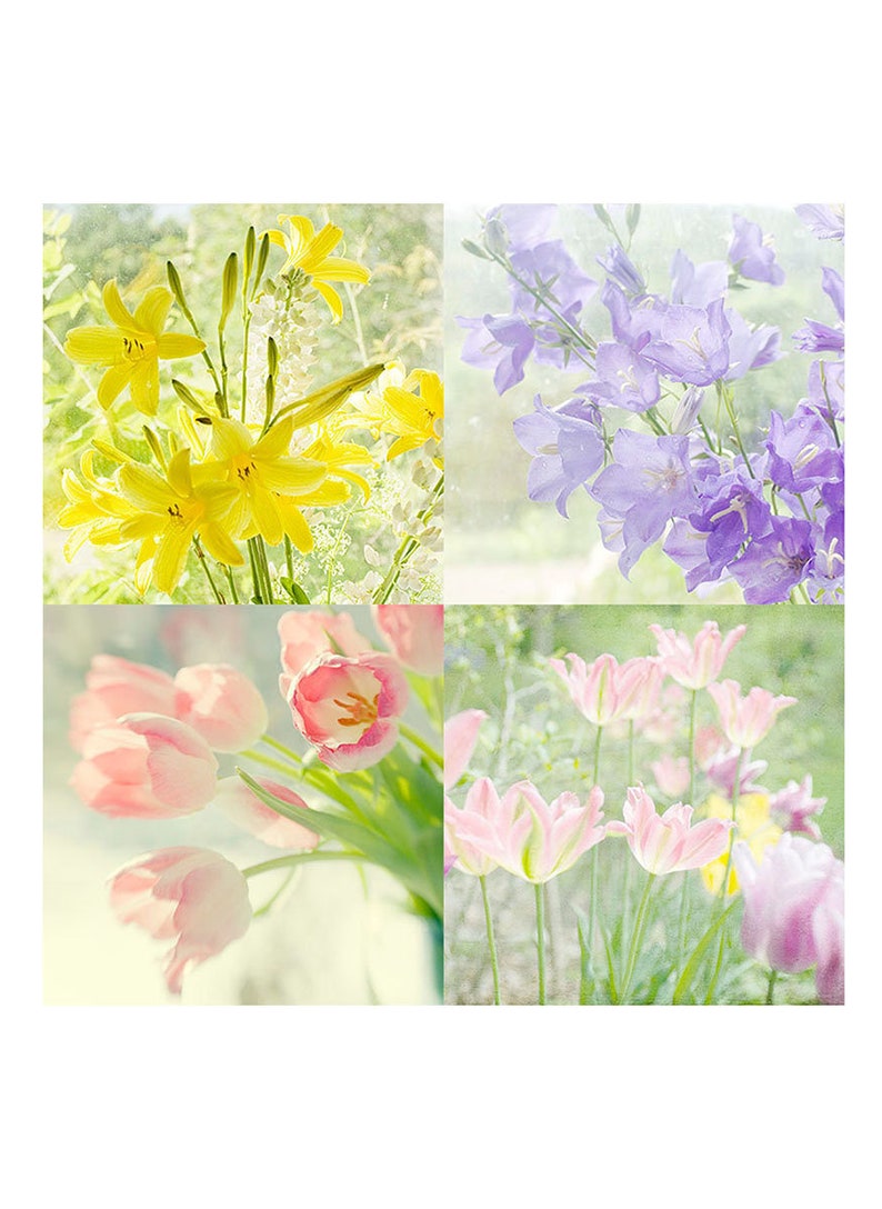 May include: A collage of four floral images. The top left image shows a bouquet of yellow lilies. The top right image shows a bouquet of purple bellflowers. The bottom left image shows a bouquet of pink tulips. The bottom right image shows a field of pink tulips.