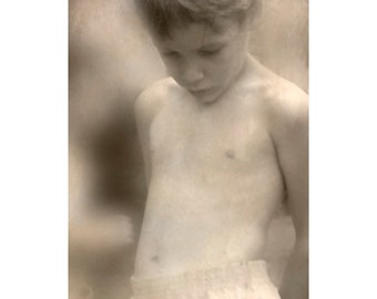 Young Boy Fine Art Photograph in Sepia, Gentle, Pensive Portrait.