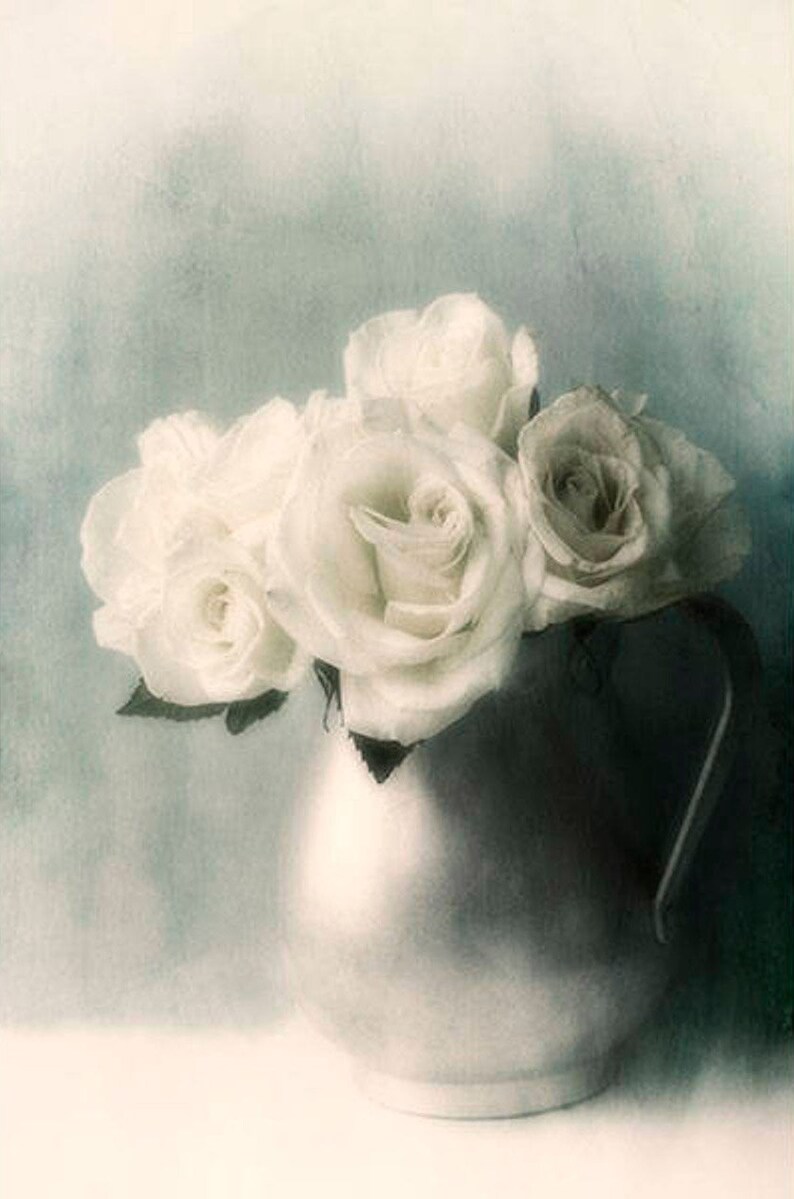 May include: A bouquet of white roses in a white ceramic pitcher. The roses are arranged in a cluster, with the stems extending out of the pitcher. The background is a soft blue.