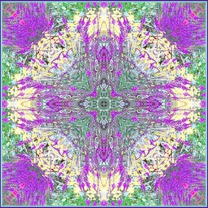 Pu&ograve; includere: Un design astratto simmetrico con un motivo floreale viola e giallo con un bordo blu.