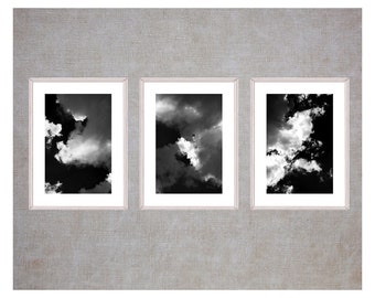 Abstract Storm Cloud Photography Print Set of 3,  Black and White Wall Art, Tryptic