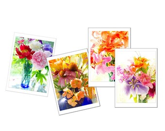 Flower Greeting Card Set of 4,  Four Floral Blank Cards with Envelops, Gift for Her,  Nasturtium, Lily, Peony, Iris