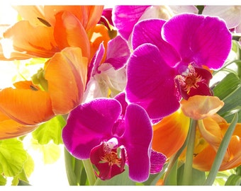 Orchid Tulip Flower Photograph, Magenta Orange Decor,  Bright Neon Wall Art,  Colorful Art