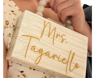 Pochette personalizzata in acrilico bianco / Borsetta da sposa con nome personalizzato per matrimonio o addio al nubilato