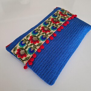 Hand-Knitted Boho Pouch: Embroidered Floral Clutch with Zipper