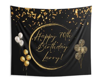 70th Birthday Banner Black Gold Personalized Milestone Backdrop Custom Name Party Decoration Photo Prop