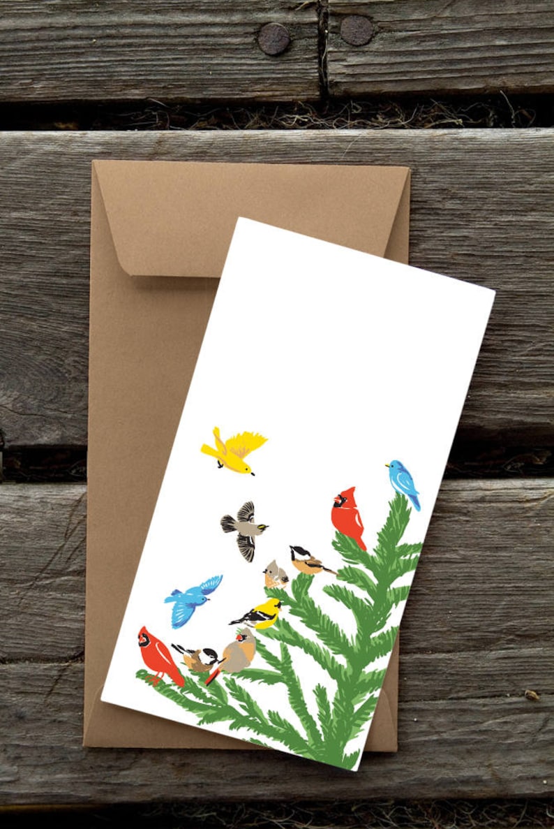 Birds on Fir Tree 8 Blank flat cards and envelopes BFHOL132