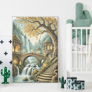 Rivendell Nursery Art Print - Fantasy Watercolor Wall Art, Elven Fairy Tale Decor, Enchanted Woodland Baby Room Poster