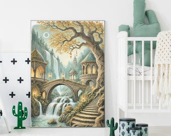 Rivendell Nursery Art Print - Fantasy Watercolor Wall Art, Elven Fairy Tale Decor, Enchanted Woodland Baby Room Poster