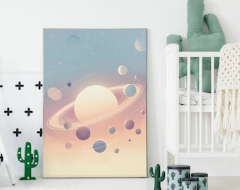 Pastel Solar System Nursery Art - Whimsical Planet Wall Decor, Baby Room Space Print