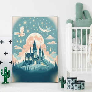 May include: A digital illustration of Hogwarts castle in a whimsical setting. The castle is surrounded by clouds and stars, with two owls flying in the sky. The castle is depicted in a blue and green color palette.