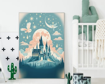 Verzauberte Magier Schloss Kunst - Magischer Kinderzimmer Druck, Fantasy Nachthimmel Dekor, Zauberwelt Inspirieren