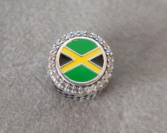 Jamaica Flag Charm: 925 Sterling Silver, Cubic Zirconia, Pandora Compatible