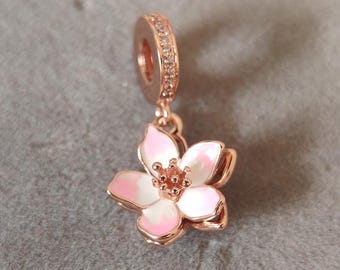 Pink Cherry Blossom Flower Dangle Charm For Pandora Charms Bracelets DIY Necklace Pendant Gift for her Rose Gold Plating Charm Hanging