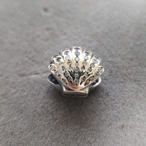 Puede incluir: Un charm de plata en forma de concha con piedras transparentes brillantes. El charm es una representación detallada de una concha con una superficie texturizada.