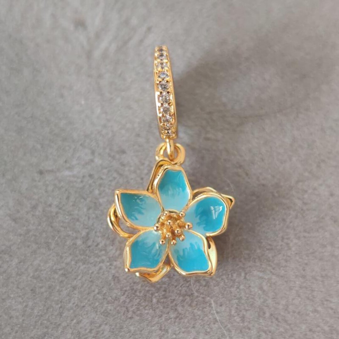 Blue Cherry Blossom Dangle Charm: Fits Pandora Bracelet Jewelry