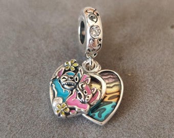 Disney Stitch & Lilo Heart Dangle Charm Fits Pandora Bracelet Necklace Pendant Gift for her 925 Silver Handmade Charm Jewelry