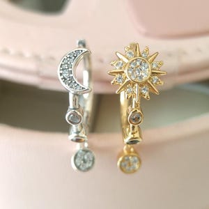 太陽と月が一緒に輝くフープイヤリング、女性用イヤリング、ファッションジュエリー、彼女へのギフト、ゴールドメッキ