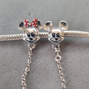 Sterling Silver Mickey & Minnie Safety Chain Charm: for Pandora Bracelet Pendant