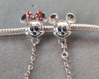 925 Sterling Silver Mickey Baby & Minnie Baby Safety Chain Charm For Pandora Charms Bracelets DIY Necklace Pendant Gift for her