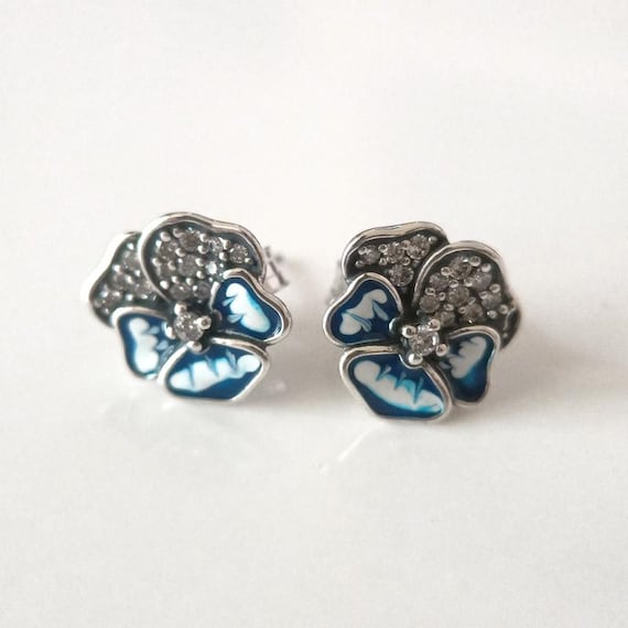 925スターリングシルバーブルーパンジーフラワースタッドピアス、女性 