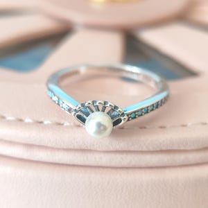 プリンセス アリエル シェル加工淡水養殖真珠リング、女性用リング、ファッションジュエリー、彼女へのギフト、925 スターリングシルバー