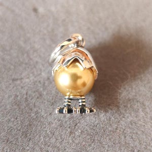 May include: A silver charm in the shape of a chick hatching from an egg. The chick is gold and has small black feet.