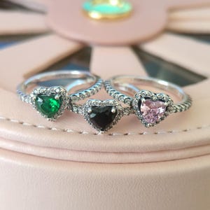 グリーンハート、ブラックハート、ピンクハートリング、女性用リング、ファッションジュエリー、彼女へのギフト、925スターリングシルバー