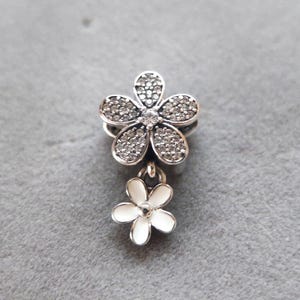 Sterling Silver Daisy Flower Charm With CZ Crystal - For 3mm European Bracelets & Necklaces