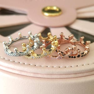 ピンク ブラック CZ クラウン リング、女性用リング、ファッション ジュエリー、彼女へのギフト ゴールド メッキ/ローズ ゴールド/925 シルバー
