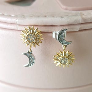 太陽と月のダングルイヤリング、女性用イヤリング、ファッションジュエリー、彼女へのギフト、ゴールドメッキ/925スターリングシルバー